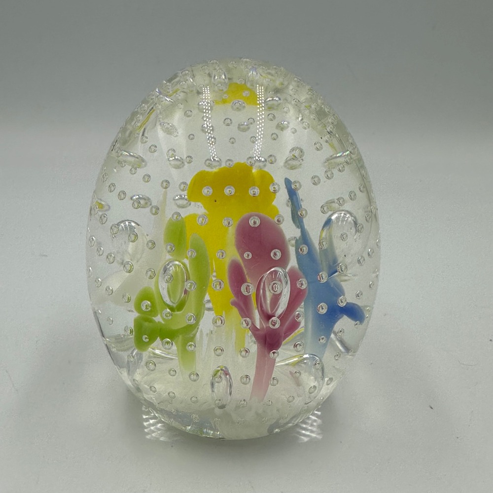 Joe Rice Art Glass Paperweight Egg Multi Color‎ Floral Controlled Bubble signed - Picture 3 of 10